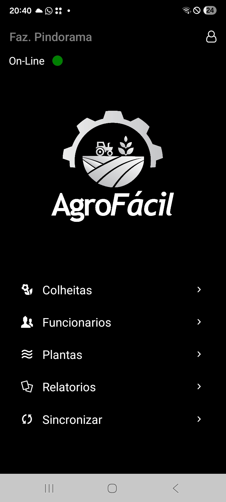 Tela inicial do aplicativo AgroFácil no celular, com os atalhos Colheitas, Funcionários, Plantas, Relatórios e Sincronizar.