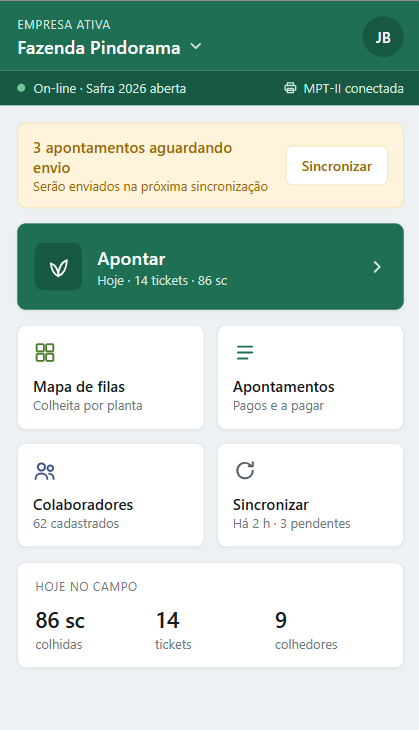 Tela inicial do aplicativo AgroFácil no celular: a fazenda ativa, o aviso de apontamentos aguardando envio, o botão Apontar e os atalhos de mapa de filas, apontamentos, colaboradores e sincronização.