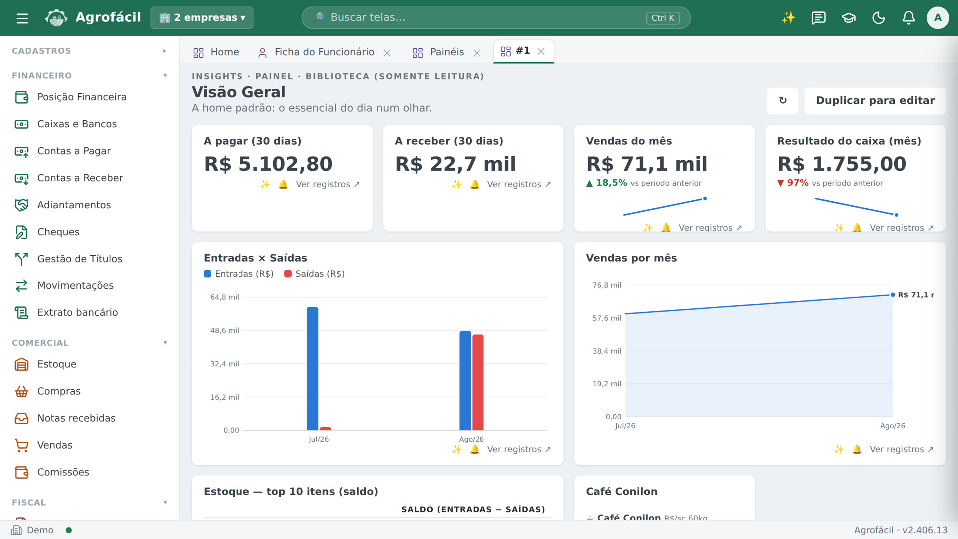 Painel do AgroFácil com indicadores do mês, entradas e saídas e vendas por mês.